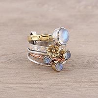 Rainbow moonstone cocktail ring, 'Rain Flowers'