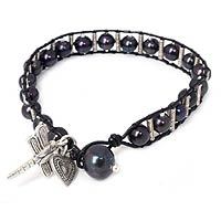 Black cultured pearl and leather charm bracelet,