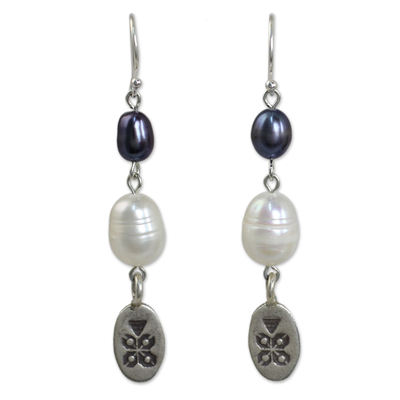 Cultured pearl dangle earrings, 'Hill Tribe Blue' - Fair Trade Silver and Cultured Pearl Earrings