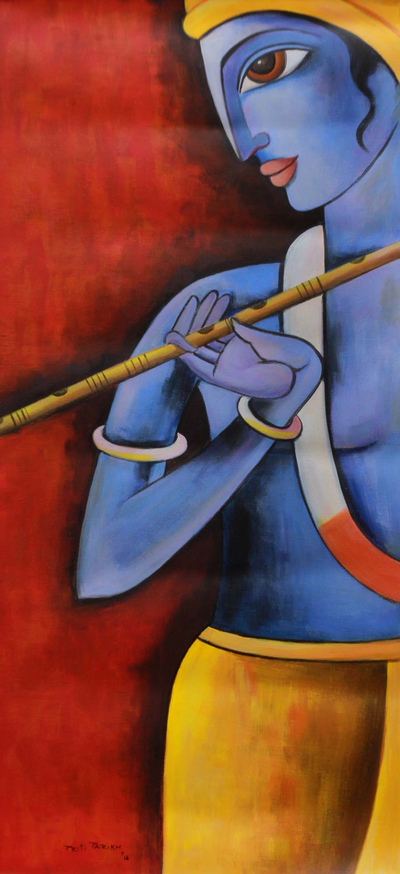 'Prince of Love' - Lord Krishna mit Murali-Flöte, signiertes hinduistisches Kunstgemälde