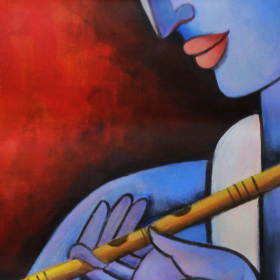 'Prince of Love' - Lord Krishna mit Murali-Flöte, signiertes hinduistisches Kunstgemälde