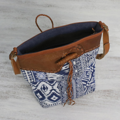 Leather accent cotton blend sling, 'Sapphire Journey' - Leather Accent Cotton Blend Sling in Sapphire and White