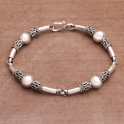 Sterling silver link bracelet, 'Tubes' - Sterling Silver Link Bracelet with Balinese Designs