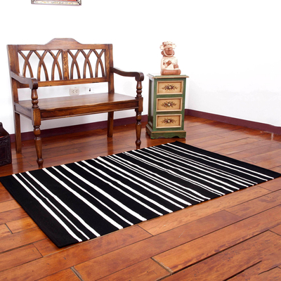 Wool area rug, 'Peruvian Hearth' (3.5x5.5) - Black and White Striped Area Rug from Peru (3.5x5.5)