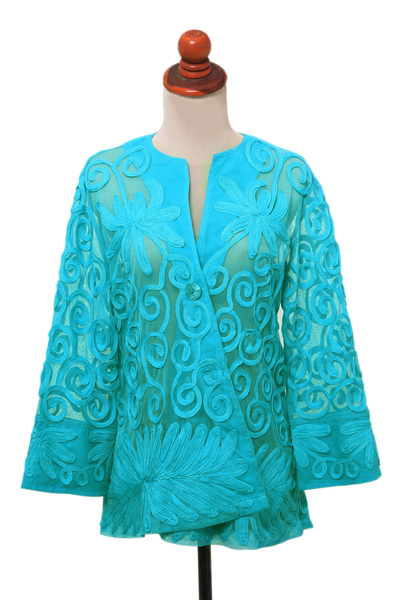 Floral Swirl Embroidered Sheer Turquoise Jacket