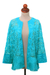 Durchsichtige, bestickte Jacke „Island Breeze“ – durchscheinende türkisfarbene Jacke mit Blumenwirbel-Stickerei