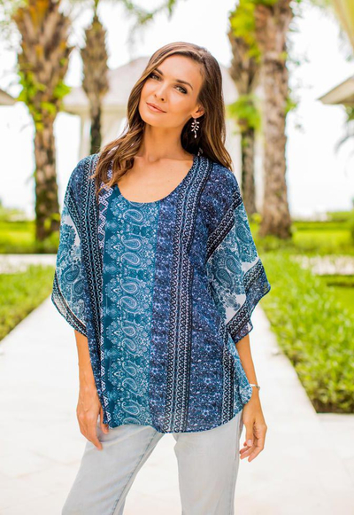 Rayon scarf top, 'Blue City' - Blue Print Rayon Indian Paisley Scarf Top
