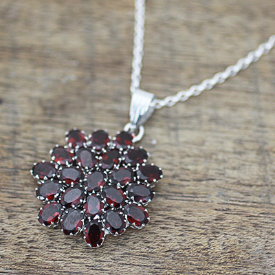 Garnet pendant necklace, 'Red Sunflower' - Hand Made Sterling Silver Garnet Pendant Necklace India