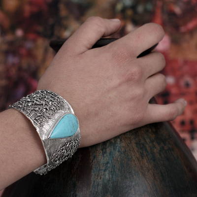 Turquoise cuff bracelet, 'Caribbean Empress' - Taxco Silver Jewelry with Natural Turquoise Cuff Bracelet