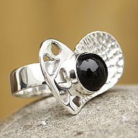Obsidian heart ring, 'Love Love Love' - Handcrafted Silver and Black Obsidian Ring