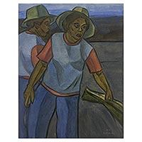 'Agricultores en la cosecha' - Pintura cubista de la escena de la granja balinesa en tonos azules