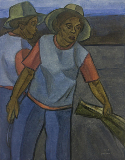 'Farmers at Harvest' - Cubist Balinese Farm Scene Painting in Blue Shades