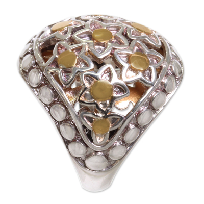 Gold accent sterling silver dome ring, 'Stars Over Sanur' - Silver Dome Ring with Stars and 18k Gold Accents
