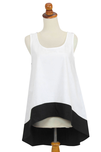 Sleeveless cotton blouse, 'White Orchid' - Women's White and Black Woven Cotton Tank Top