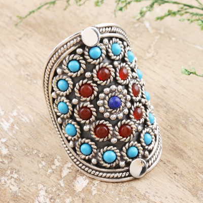 Lapis and carnelian cocktail ring, 'Mandala' - Handmade Sterling Silver Cocktail Ring with Gemstones