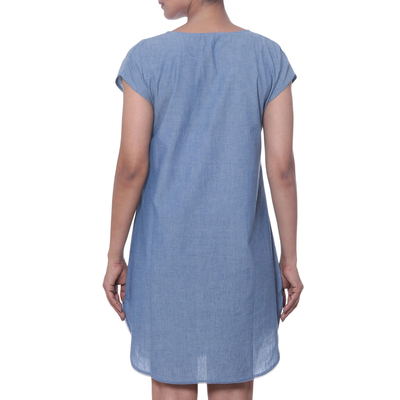 Vestido de algodón - Vestido casual manga corta bordado algodón azul