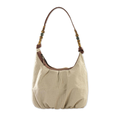 Leather accent natural cotton hobo bag, 'Modern Maya Memories' - 100% Cotton Shoulder Bag with Leather Accents and Jade Beads