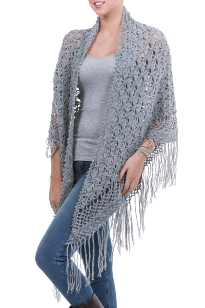 100% alpaca shawl, 'Grey Hills' - Hand Crocheted Grey Alpaca Wool Shawl