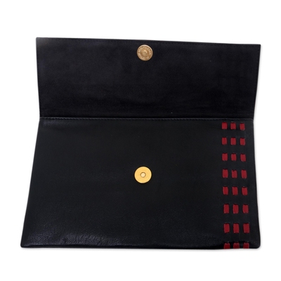 Leather clutch handbag, 'Midnight Scarlet' - Red Accent Black Leather Clutch Handbag from Bali
