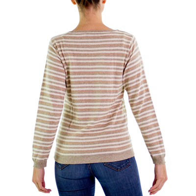 Cotton sweater, 'Horizon' - Women's Cotton Sweater with Ivory Jade Brown Stripes