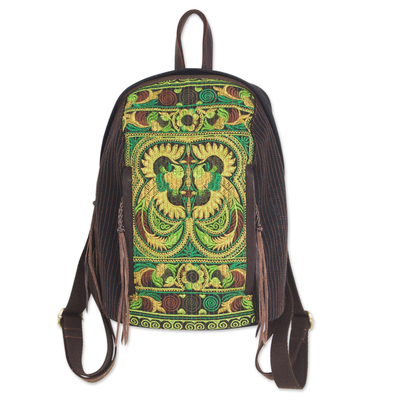 Cotton and leather accent embroidered backpack, 'Phoenix Journey' - Artisan Crafted Embroidered Cotton Backpack from Thailand