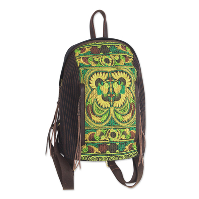 Cotton and leather accent embroidered backpack, 'Phoenix Journey' - Artisan Crafted Embroidered Cotton Backpack from Thailand