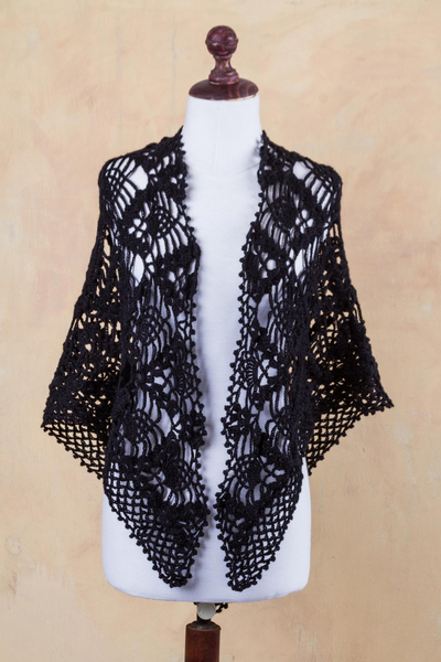 100% alpaca shawl, 'Black Andean Blossoms' - Hand Crocheted Black Lace Alpaca Shawl from Peru