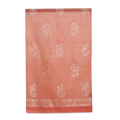 Mantón Chanderi de mezcla de algodón y seda - Flor con estampado de bloques plateados en chal de seda y algodón Chanderi