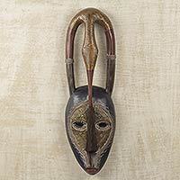 African wood and brass mask, 'Imposing Eagle' - Embossed Brass and Wood African Decorative Bird Wall Mask