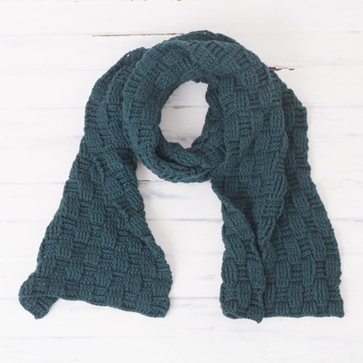 Pima cotton scarf, 'Dream Path in Blue' - Hand Knit 100% Pima Cotton Blue Checkerboard Pattern Scarf
