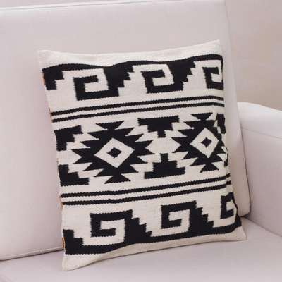 Wool cushion cover, 'Andean Geometry' - Peru Black and White Handwoven Wool Cushion Cover