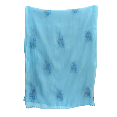 Cotton and silk blend shawl, 'Blue Floral Passion' - Chikan Embroidered Cotton and Silk Blend Shawl in Blue