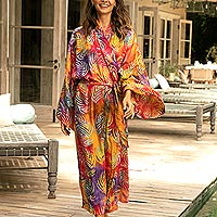 Batik rayon robe, 'Sunset Grove' - Red Orange Batik Print Long Sleeved Rayon Robe with Belt