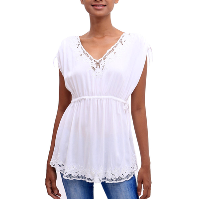 Rayon blouse, 'Floral Flirt in White' - Floral Embroidered Rayon Blouse in White from Bali