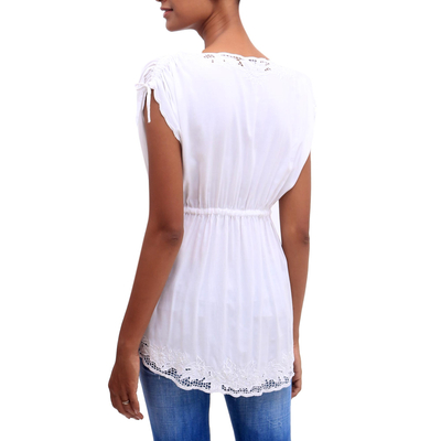 Rayon blouse, 'Floral Flirt in White' - Floral Embroidered Rayon Blouse in White from Bali
