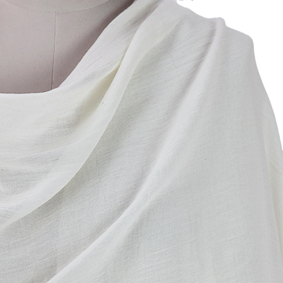 Cotton shawl, 'Dancing Cloud' - Fringed Off White 100% Cotton Shawl from India