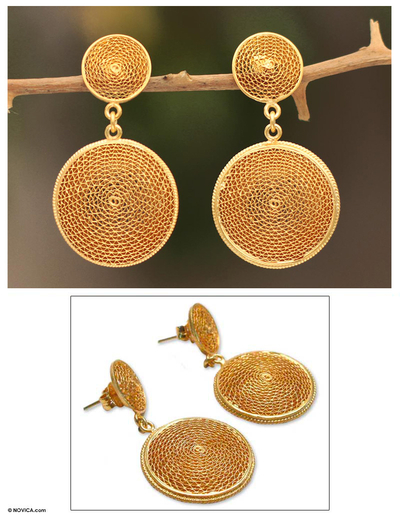 Gold plated filigree earrings, 'Starlit Suns' - 21K Gold Plated Dangle Filigree Earrings