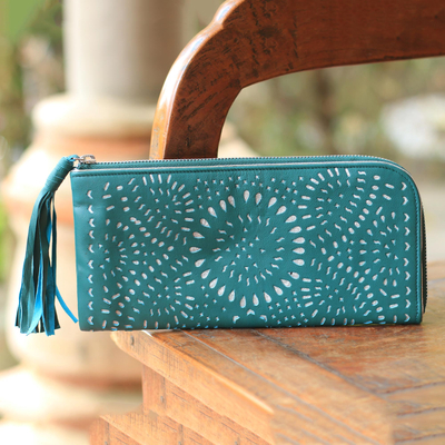 Leather clutch, 'Turquoise Sunflower' - Balinese Floral Leather Clutch in Turquoise with Zipper