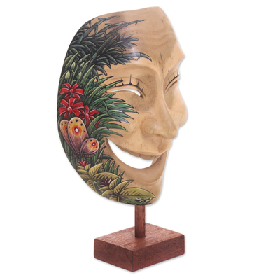 Wood mask, 'Gleeful Smile' - Balinese Handcrafted Hibiscus Wood Mask Butterfly Motif