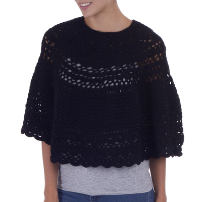 100% alpaca poncho, 'Magical Black Detail' - Alpaca Hand Knitted Black Poncho with Multiple Patterns