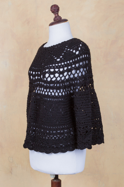 100% alpaca poncho, 'Magical Black Detail' - Alpaca Hand Knitted Black Poncho with Multiple Patterns