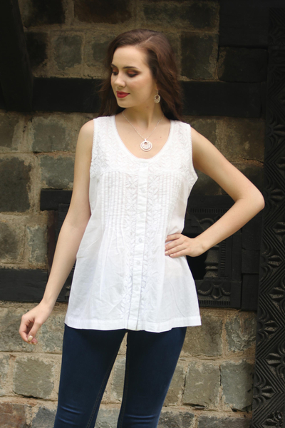 Cotton blouse, 'Floral Flirt' - Sleeveless Floral White Blouse Hand Embroidered in India