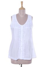 Cotton blouse, 'Floral Flirt' - Sleeveless Floral White Blouse Hand Embroidered in India