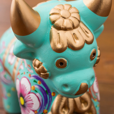 Ceramic figurine, 'Aqua Pucara Bull' - Aqua Painted Floral Motif Ceramic Bull Sculpture from Peru