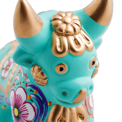 Ceramic figurine, 'Aqua Pucara Bull' - Aqua Painted Floral Motif Ceramic Bull Sculpture from Peru
