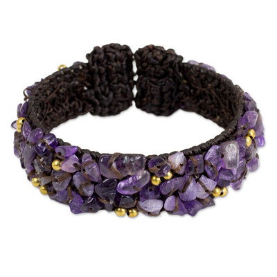 Amethyst cuff bracelet, 'Violet Twilight' - Brown Crocheted Cuff Bracelet with Amethyst Beading