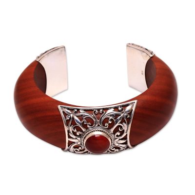 Carnelian and wood cuff bracelet, 'Fiery Grace' - Carnelian Set In Sterling Silver and Sawo Wood Cuff Bracelet