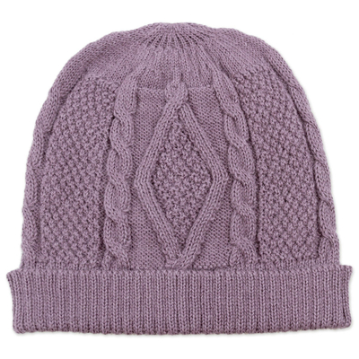 100% alpaca hat, 'Dusty Lilac Braid' - Knitted Unisex Watch Cap Dusty Lilac 100% Alpaca from Peru