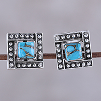 Sterling silver and composite turquoise stud earrings, 'Beautiful Windows in Blue' - Square Blue Composite Turquoise Stud Earrings from India