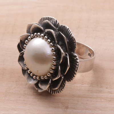 Cultured mabe pearl cocktail ring, 'Full Moon Lotus' - Cultured Mabe Pearl and Sterling Silver Lotus Cocktail Ring